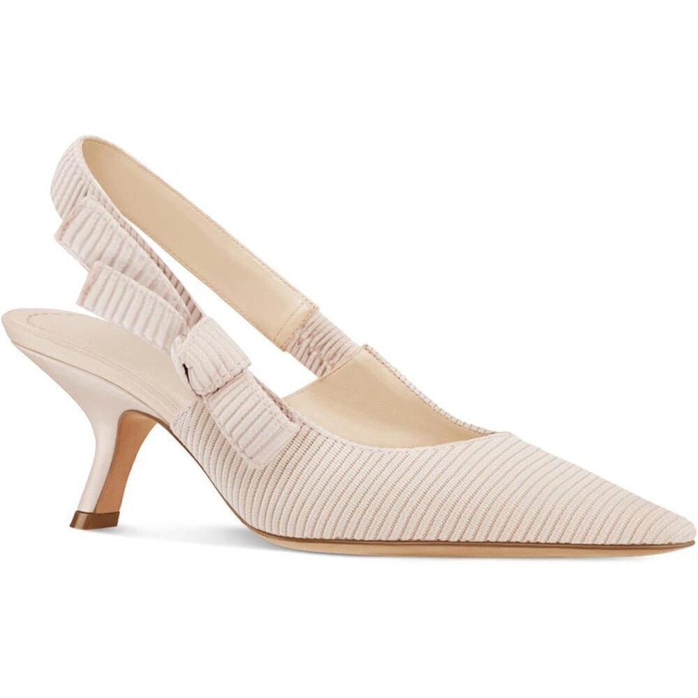 Women's Tan Slingback Kitten Heels Closed Pointed Toe Bowknot Knitted Slip On